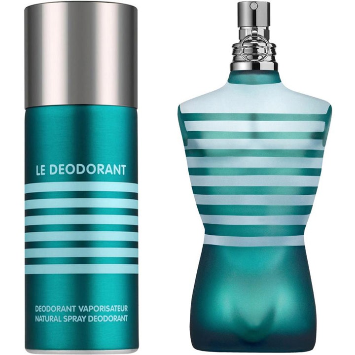 Jean Paul Gaultier Le Male Set 75 ml & Deospray parfymset för fräschör i turkos randig torsoflaska och sprejflaska