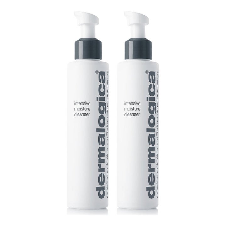 Dermalogica Intensive Moisture Cleanser återfuktande ansiktsrengöring i två vita pumpflaskor med grå detaljer