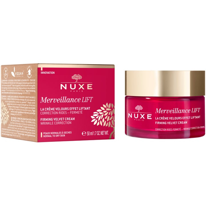 Nuxe Merveillance LIFT 50 ml anti-age uppstramande kräm i röd glasburk med guldfärgat lock och matchande kartong
