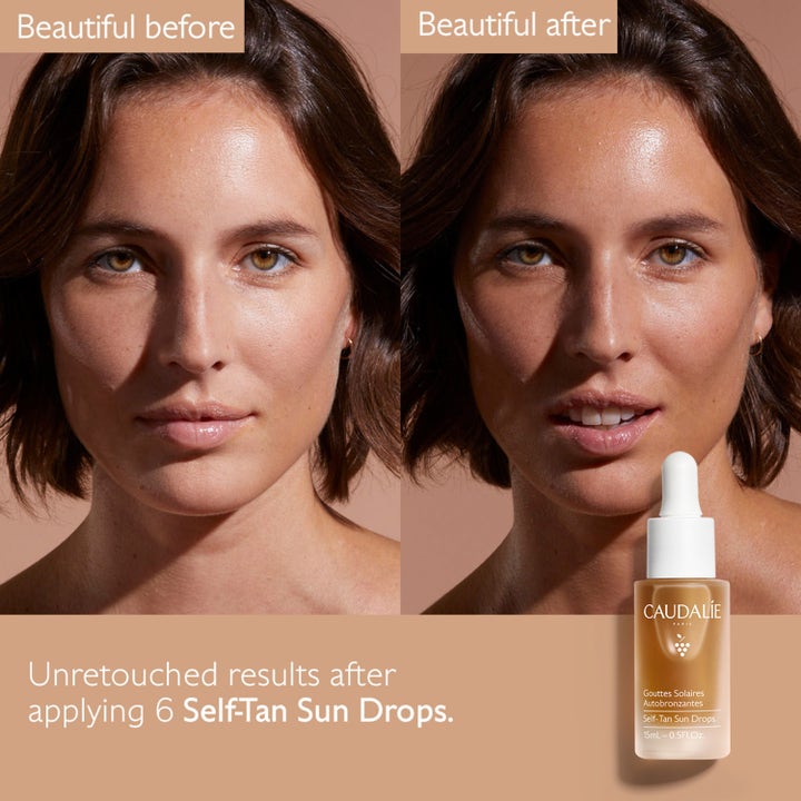 Caudalie Self-Tan Sun Drops 15 ml tanning drops ger naturlig lyster i en före och efter-bild på ansikte