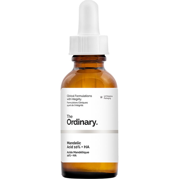 The Ordinary Mandelic Acid 10% + HA 30 ml exfoliering med mandelsyra och hyaluronsyra i brun glasflaska med pipett