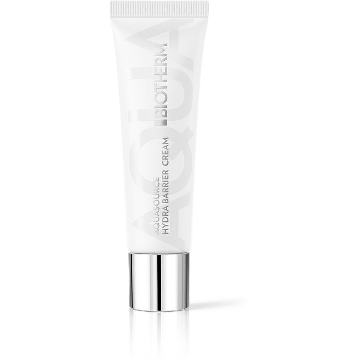 Biotherm Aquasource Hydra Barrier Cream återfuktande ansiktskräm som stärker barriären i vit tub med silverlock.