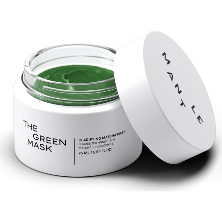 MANTLE The Green Mask 75 ml klarande mask i vit burk med krämig grön matcha-textur och BHA.