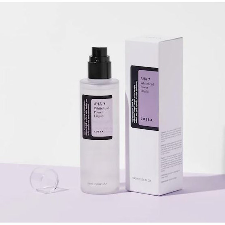 COSRX AHA 7 Whitehead Power Liquid 100 ml aha exfoliering ansiktsvatten i frostad pumpflaska och vit ask