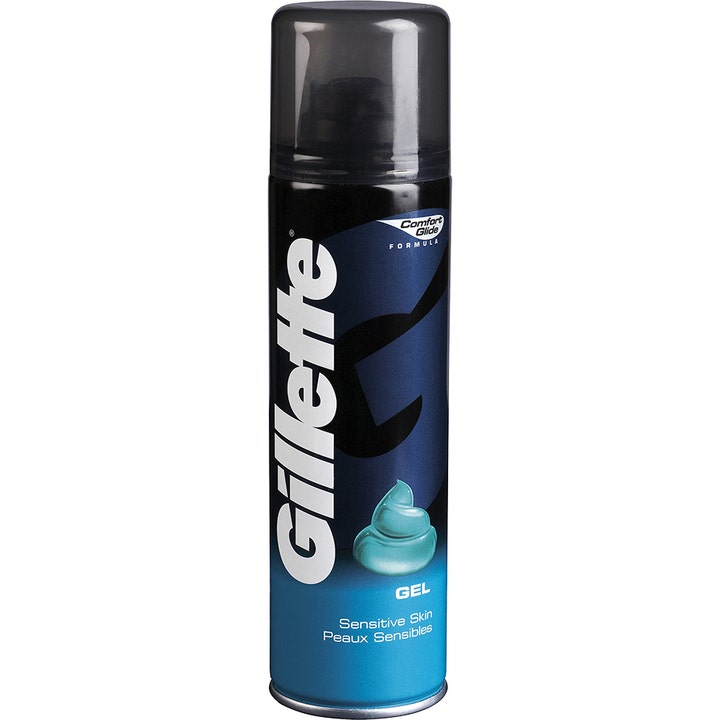 Gillette Sensitive Skin Shaving Gel 200 ml för känslig hy i en mörkblå sprayflaska med ljusblå krämig gel.