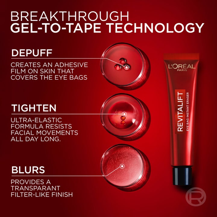 L'Oréal Paris Revitalift Laser Eye Bag Eraser 15 ml ögonkräm röd tub med gel-to-tape teknologi som stramar upp och dämpar svullnad