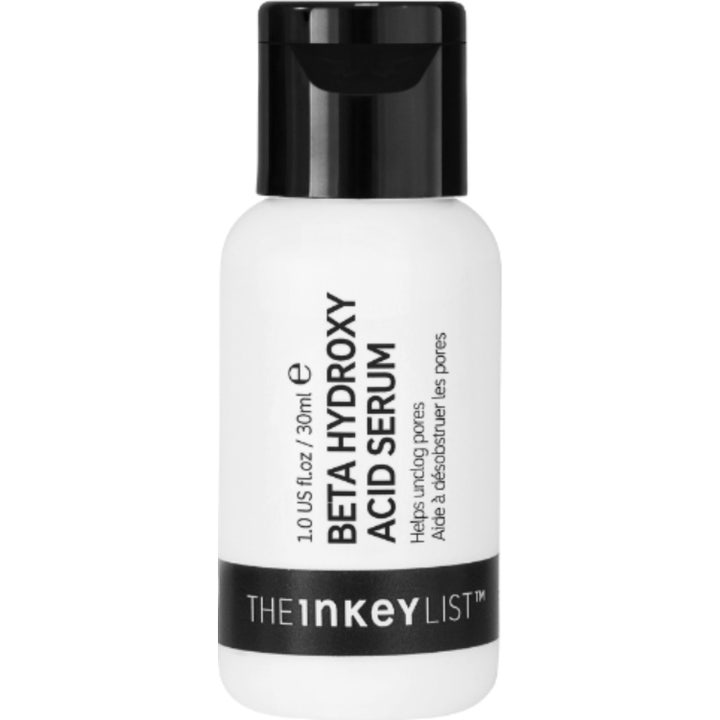 The Inkey List Beta Hydroxy Acid Serum 30 ml bha exfoliering för fet hy i vit plastflaska med svart snäpplock.