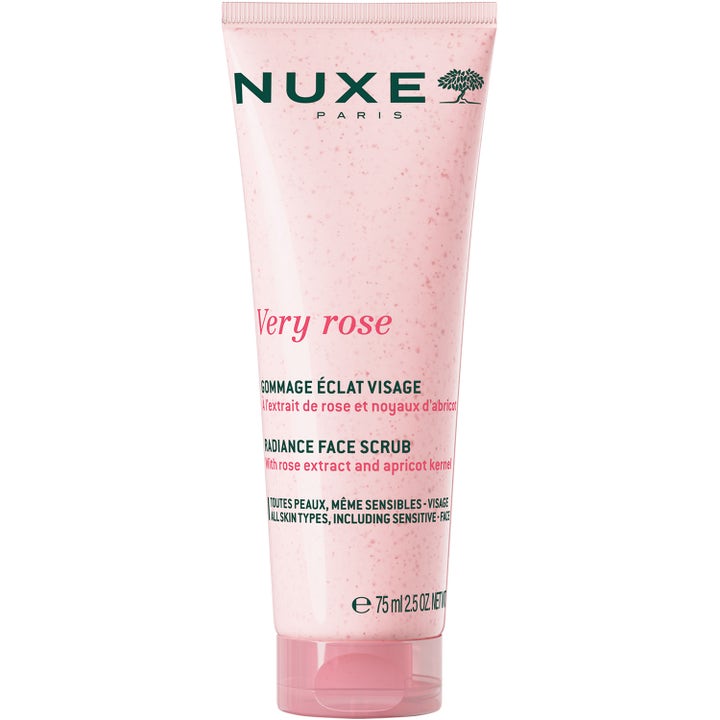 Nuxe Very Rose Radiance Face Scrub 75 ml ansiktsskrubb för lyster i en rosa tub med korn från aprikoskärnor