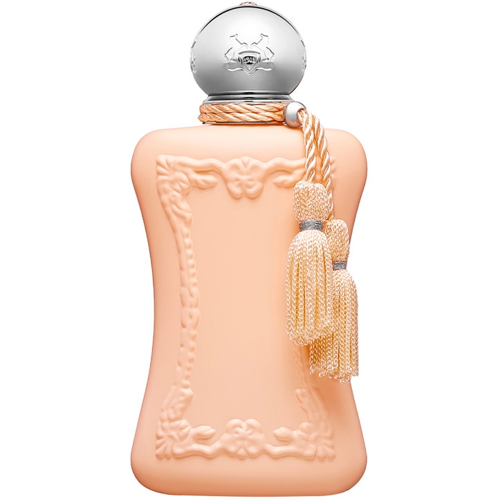 Parfums de Marly Cassili Eau de Parfum 75 ml lyxparfym i en persikofärgad flaska med silverkork och dekorativa tofsar