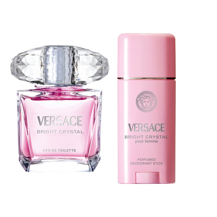 Versace Bright Crystal 80 ml parfymset versace med rosa glasflaska och matchande deostick för en blomparfym