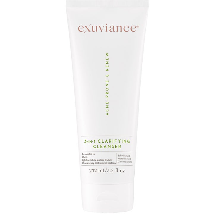Exuviance 3-in-1 Clarifying Cleanser 212 ml porrensning 3 i 1 mandelsyra peeling i vit tub med grön text