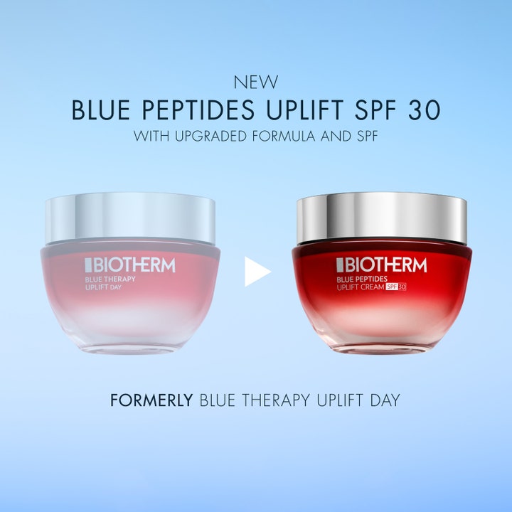 Biotherm Blue Peptides Uplift SPF30 50 ml uppstramande ansiktskräm i röd glasburk ger solskydd ansikte Biotherm