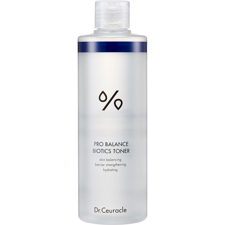 Dr. Ceuracle Pro Balance Biotics Toner barriärstärkande ansiktsvatten i frostad flaska med blå detalj och klart lock