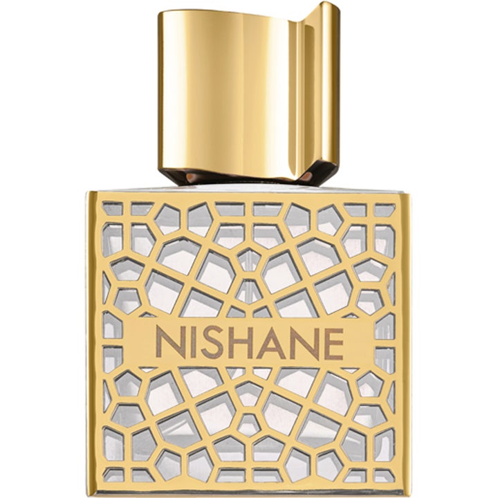 Nishane Hacivat Oud Extrait de Parfum 50 ml lyxig parfym i glasflaska med utskuret guldmönster och glänsande guldlock