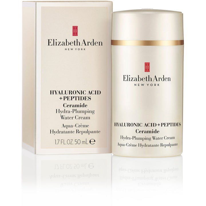 Elizabeth Arden Ceramide Hyaluronic Acid + Peptides Water Cream 50 ml återfuktande dagkräm i vit burk med guldring.