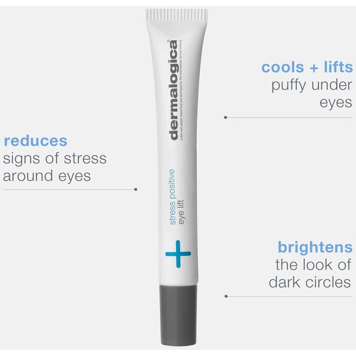 Dermalogica Stress Positive Eye Lift Duo ögonkräm i vit tub som kyler, lyfter och ljusar upp mörka ringar.