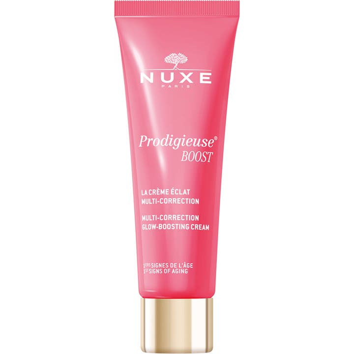Nuxe Prodigieuse Boost 40 ml multikorrektiv återfuktande ansiktskräm ger lyster i en rosa tub med guldkork