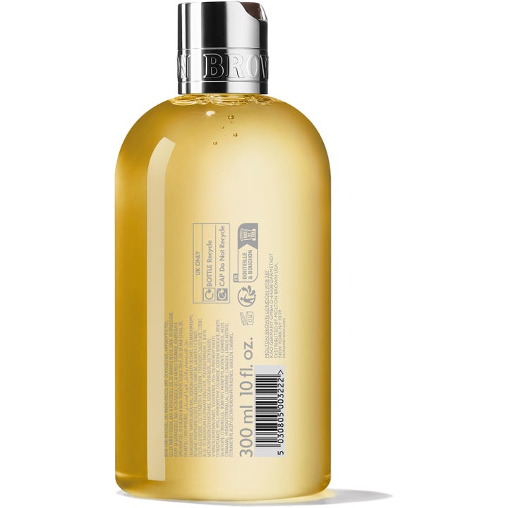 Molton Brown Flora Luminare 300 ml blommig Molton Brown duschgel i flaska sedd från baksidan med ingredienslista.