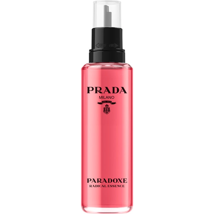Prada Paradoxe Radical Essence 100ml refill parfym i en genomskinlig glasflaska med rosa vätska och svart munstycke
