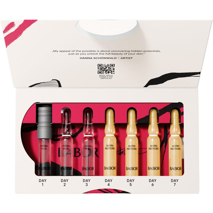 Babor Hydra Nourishing 14 ml ampullset i vit box med sju glasampuller för Hydra Plus och Nutri Restore.