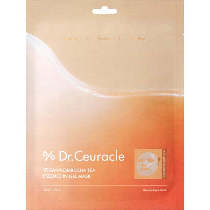 Dr.Ceuracle Vegan Kombucha Tea Essence In Gel Mask 36g lystergivande ansiktsmask i beige och orange förpackning