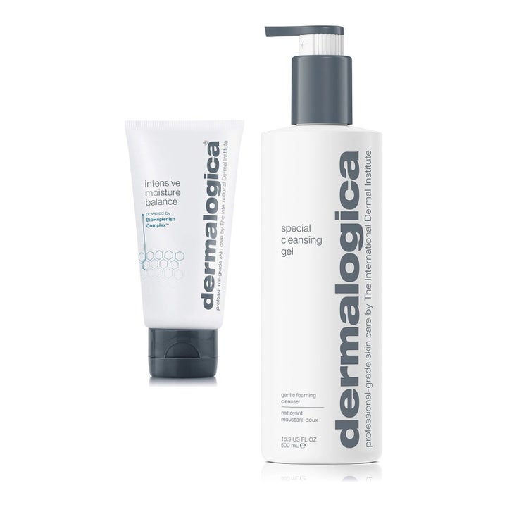 Dermalogica Special Cleansing Gel och Intensive Moisture Balance ger fuktbalans ansikte med vit pumpflaska och ansiktskräm i tub.