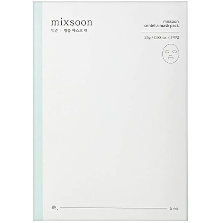 Mixsoon Centella Mask Pack 5 st 25 g lugnande sheetmask i vit minimalistisk förpackning med en liten ansiktsmask-ikon