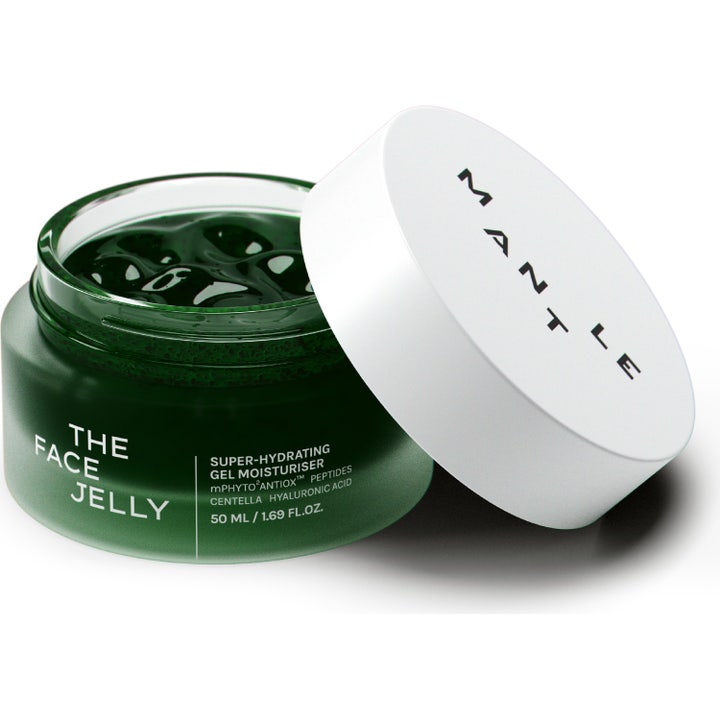 MANTLE The Face Jelly 50 ml gel moisturiser med centella hyaluronsyra i grön glasburk med vit kork