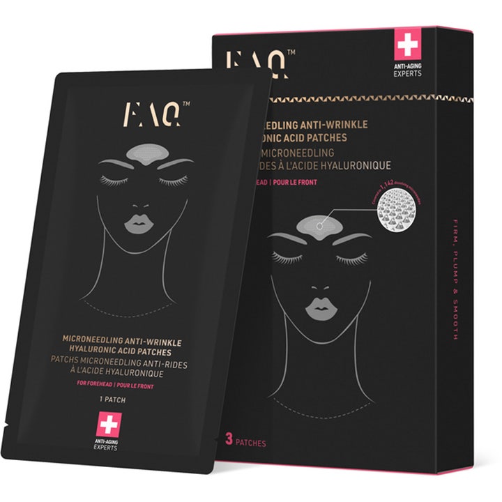 FAQ Microneedling Anti-Wrinkle Hyaluronic Acid Patches 3-pack anti-rynk hyaluronsyra behandling i svart box.