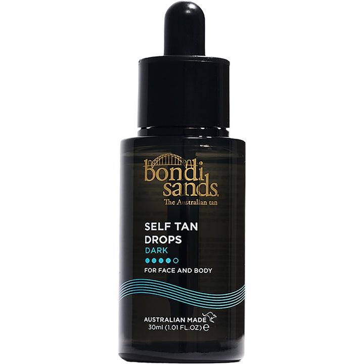 Bondi Sands Self Tan Drops Dark 30 ml ger lyster som brun utan sol serum droppar i mörk glasflaska med svart pipett