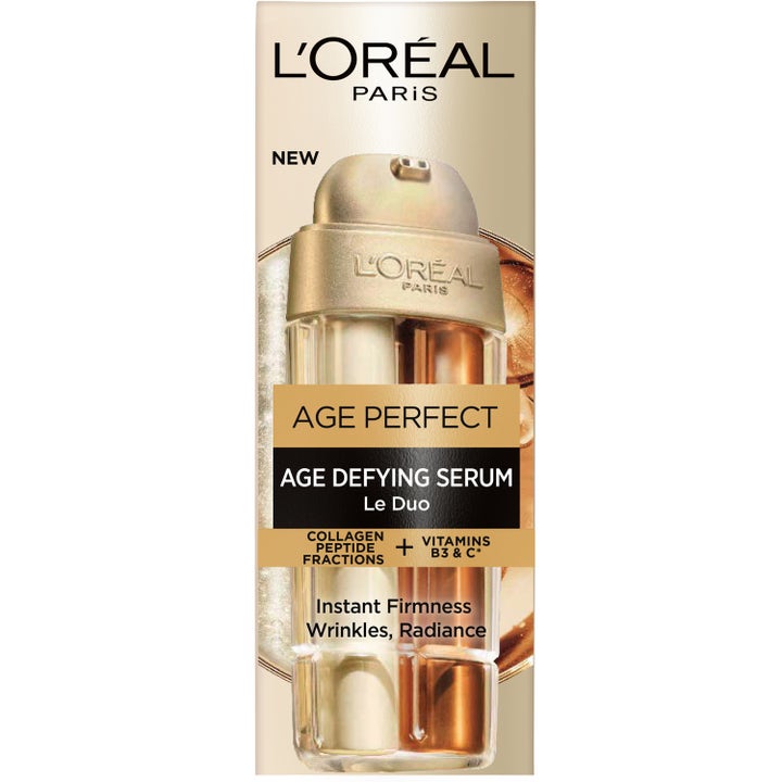 L'Oréal Paris Age Perfect Le Duo Age Defying Serum 30 ml ger lyster i beige ytterförpackning med guldflaska.