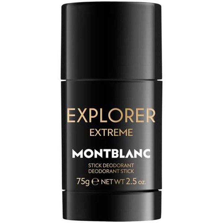 Montblanc Explorer Extreme 75g deodorantstick ger fräschör i en elegant svart hylsa med text i guld och vitt
