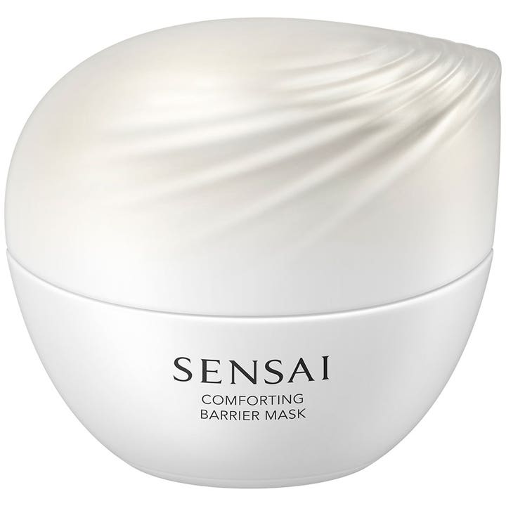 Sensai Comforting Barrier Mask lugnande ansiktsmask i vit rundad burk med elegant vågmönstrat lock.