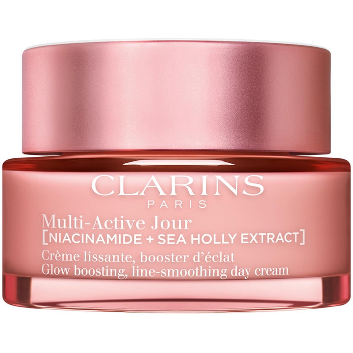 Clarins Multi-Active Jour niacinamide ansiktskräm linjekorrigerande i en rosa glasburk med matchande metalliskt lock