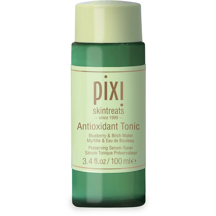 Pixi Skintreats Antioxidant Tonic 100 ml skyddande ansiktsvatten i en mörkgrön plastflaska med ljusgrön etikett och lock