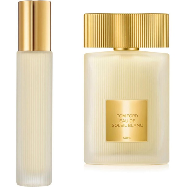 Tom Ford Soleil Blanc eau de toilette 50ml och travel spray parfym i frostat glas med guldkorkar