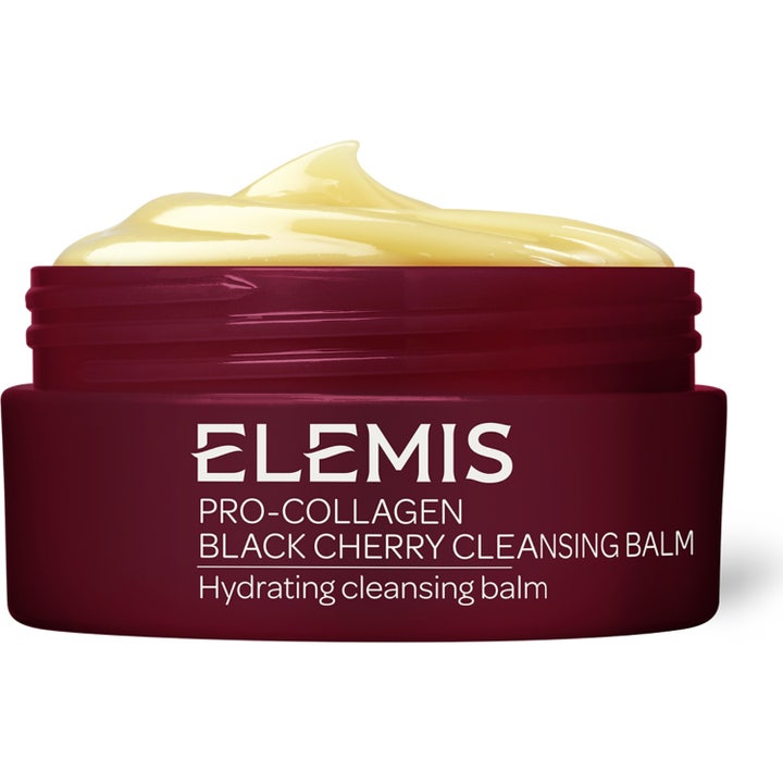 Elemis Pro-Collagen Black Cherry Cleansing Balm anti-aging rengöringsbalm med körsbär i mörkröd burk med krämig gul salva.