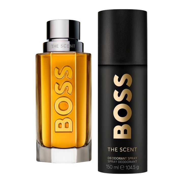 Hugo Boss Boss The Scent set 100ml och 150ml parfymset med bärnstensfärgad glasflaska och matt svart deospray