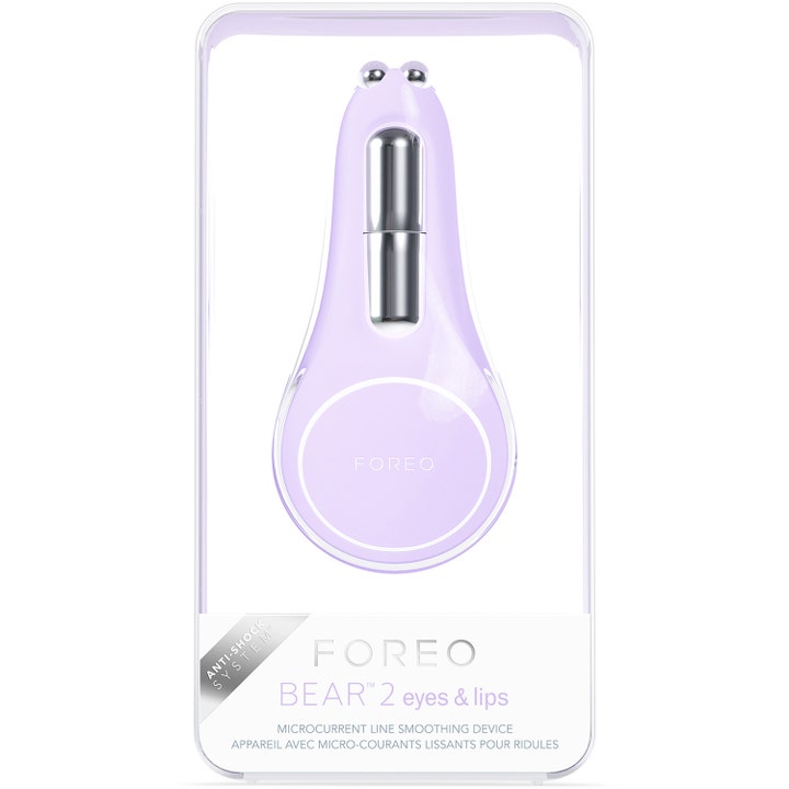 FOREO BEAR 2 eyes & lips 1 st mikroström behandling för rynkreducering i ljuslila färg i klar plastbox