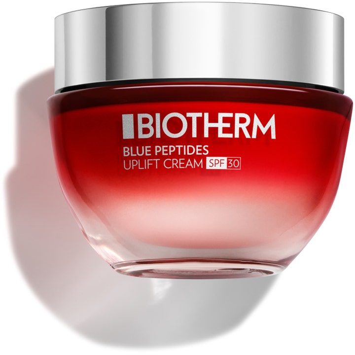 Biotherm Blue Peptides Uplift Cream SPF 30 uppstramande ansiktskräm i röd glasburk ger solskydd ansikte biotherm.