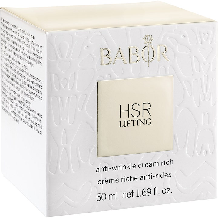 Babor HSR Lifting Cream Rich 50 ml i en vit mönstrad ytterförpackning som ger ett lyxigt ansiktslyft för mogen hud.
