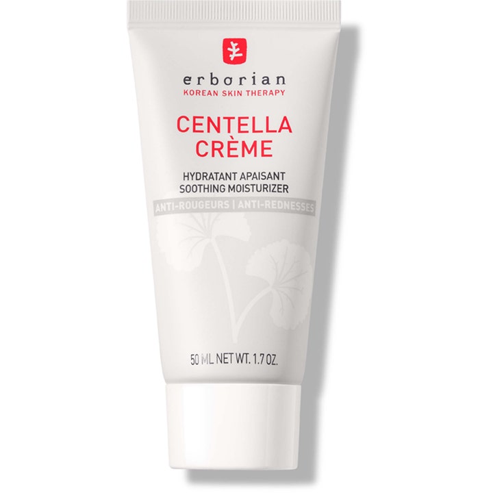 Erborian Centella Crème 50 ml centella ansiktskräm dämpar rodnad i en vit tub med diskreta grå blad.