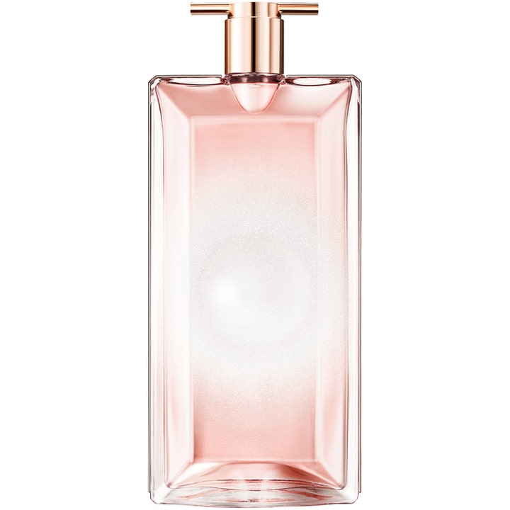 Lancôme Idôle Aura 50ml eau de parfum i en smal glasflaska med roséguldfärgad kork och ett vitt skimmer i mitten