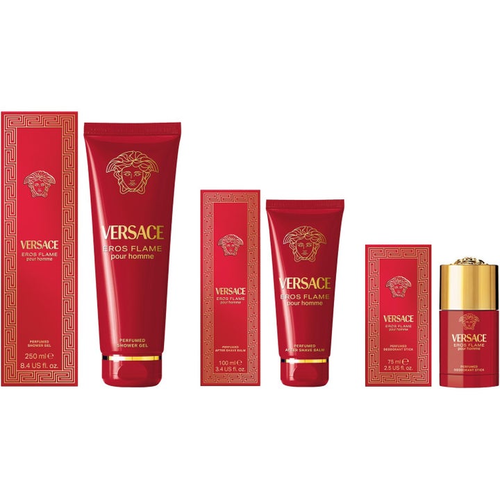Versace Eros Flame Deostick Duo 150 ml röd deoförpackning med guldlock ger en maskulin Versace parfymupplevelse