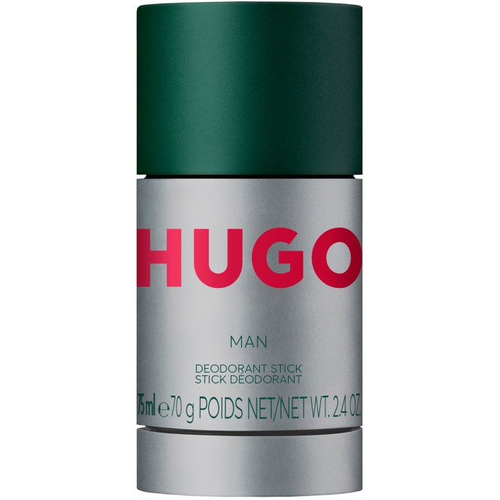 Hugo Boss Hugo Man 75ml fräsch herrdeodorant i silverfärgad hylsa med stor röd logotyp och mörkgrönt lock