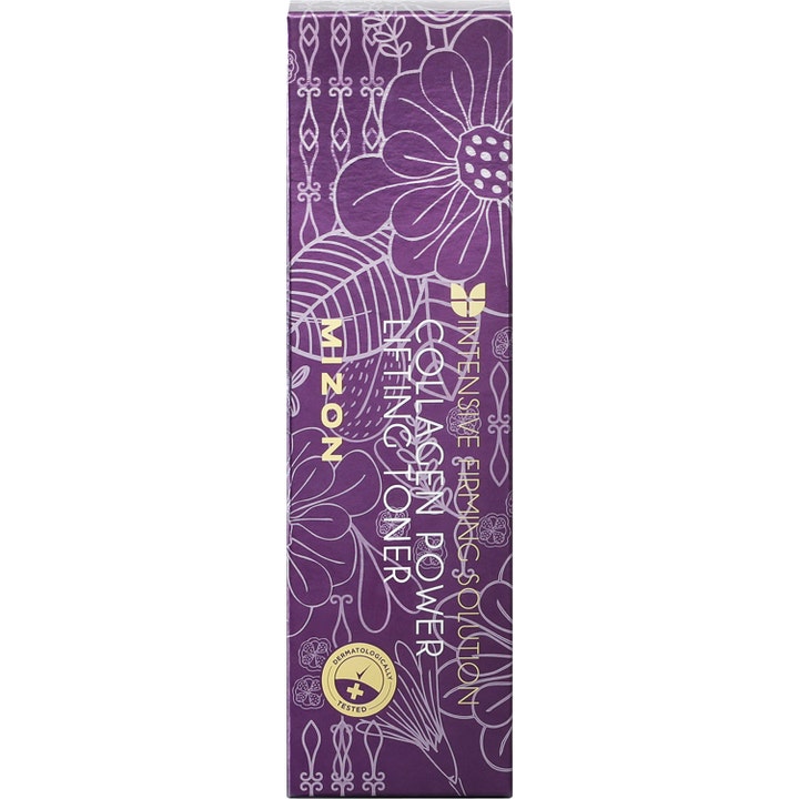 Mizon Collagen Power Lifting Toner 120 ml uppstramande ansiktsvatten i lila ytterförpackning med vita blommor