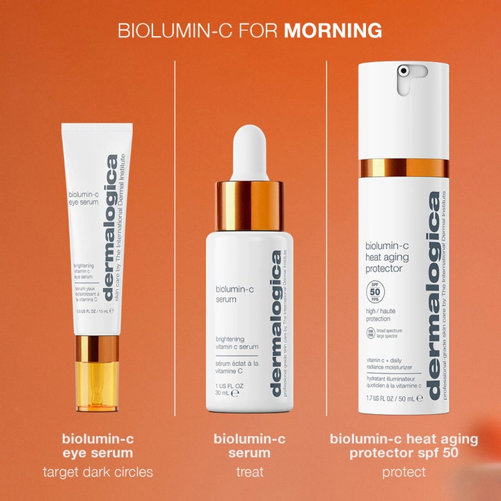 Dermalogica Biolumin-C Heat Aging Protector SPF50 50 ml lystergivande dagkräm i vit pumpflaska med guldiga detaljer