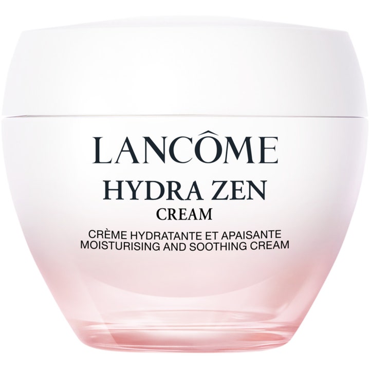 Lancôme Hydra Zen dagkräm 50ml är en anti stress återfuktande ansiktskräm i en rosa frostad glasburk med vitt lock.