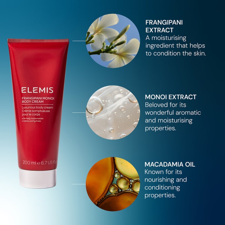 Elemis Frangipani Monoi Body Cream 200 ml lyxig återfuktande kroppskräm i röd tub med frangipani och macadamiaolja.
