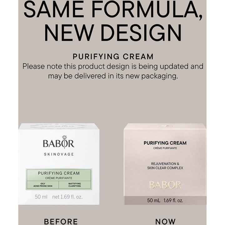 Babor Purifying Cream 50 ml renande kräm intill en närbild av en mjuk rosa blomma som ger en fräsch känsla